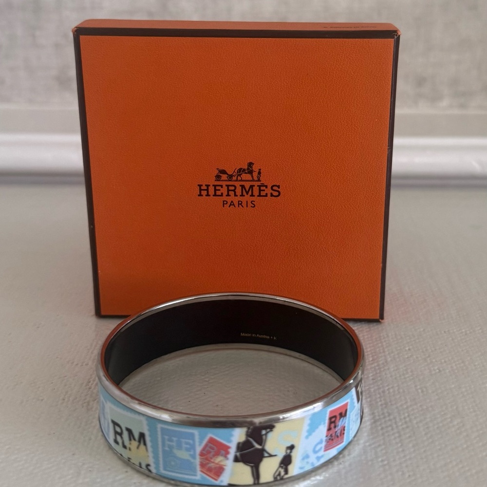 Hermes Blue Multi-Print Enamel Bangle with Silver Trim
